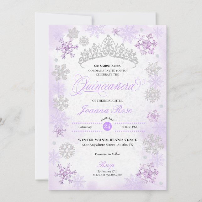 Invitation Purple Winter Wonderland Snowflake Quinceanera (Devant)