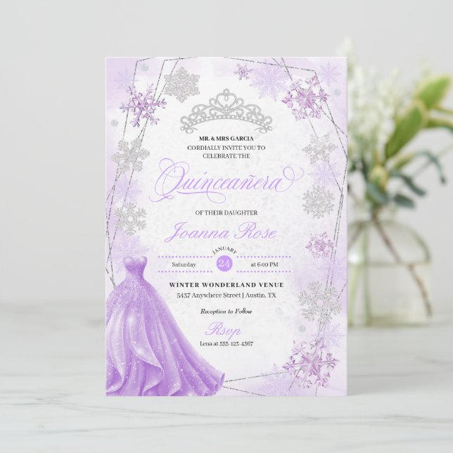 Invitation Purple Winter Wonderland Snowflake Quinceanera (Debout devant)