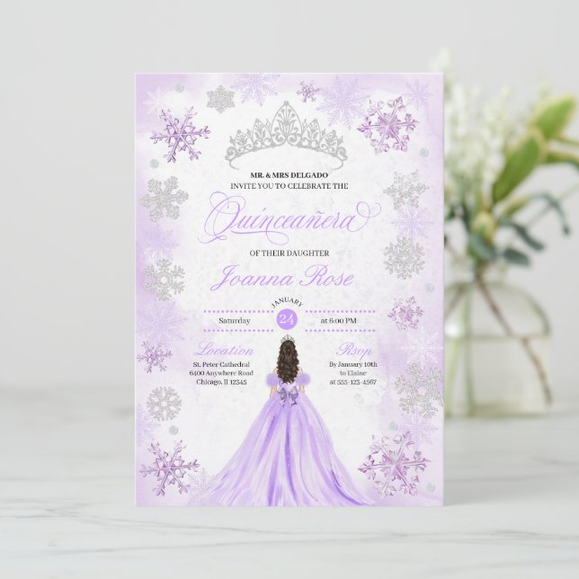 Invitation Purple Winter Wonderland Snowflake Quinceanera (Debout devant)