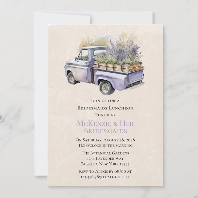 Invitation Purple Wisteria Camion Vintage Bridesmaigres Déjeu (Devant)