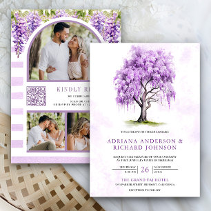 Invitation Purple Wisteria Floral Tree Photo QR Code Mariage