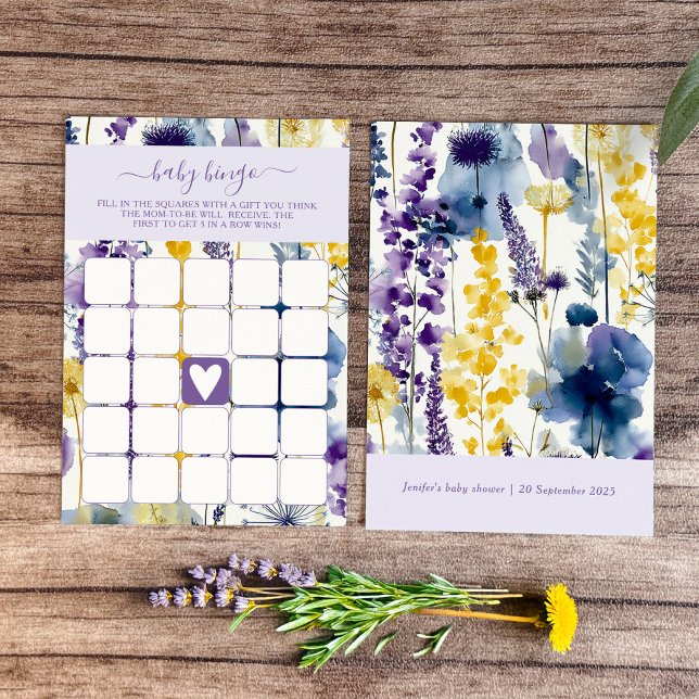 Invitation Purple Yellow Watercolor Wildflower Baby Bingo (Celebrate your mama-to-be moment in full bloom with this elegant wildflower design. )