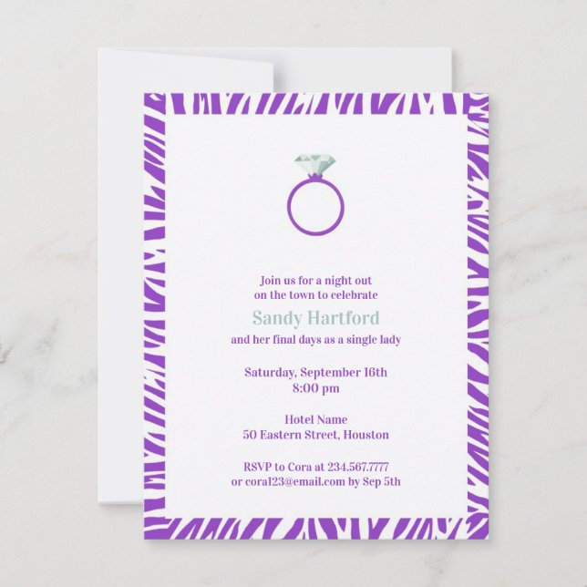 Invitation Purple Zebra Bachelorette Party Appartement Invita (Devant)