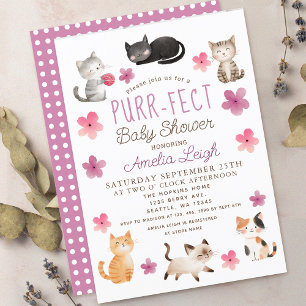 Invitation Purr-fect Cute Cats Floral Girl Baby shower