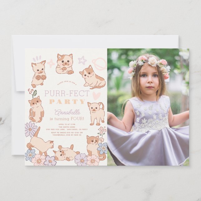Invitation Purr-fect Party Chats Floral Girl Birthday Photo (Devant)