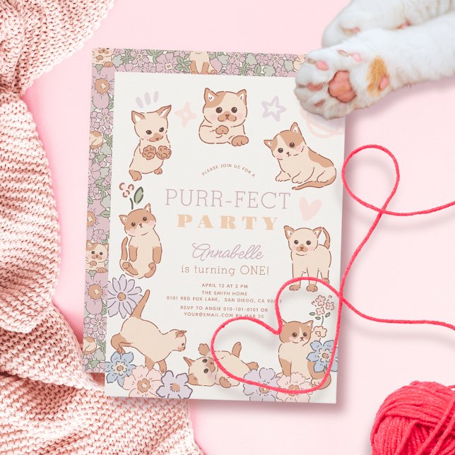 Invitation Purr-fect Party Cute Cats Floral Girl 1er annivers (Créateur téléchargé)