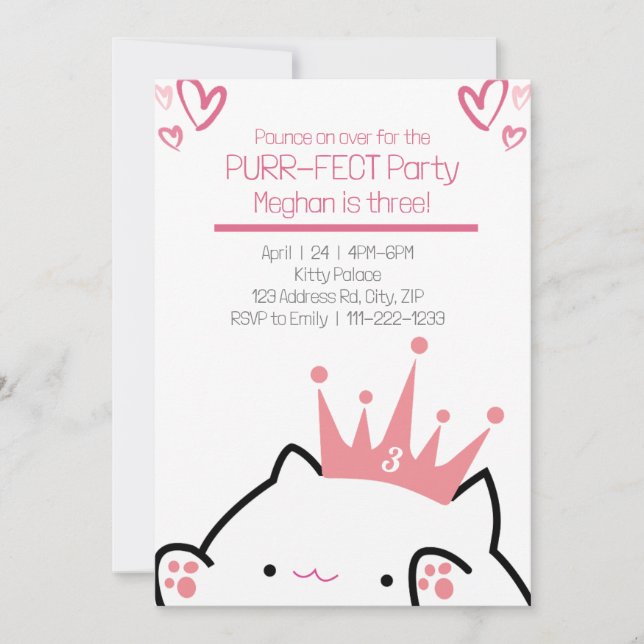Invitation Purr-fect Princess Pink Cat Girl Anniversaire (Devant)
