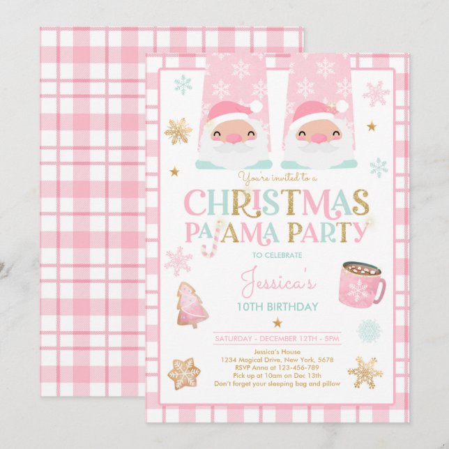 Invitation Pyjama de Noël rose et or fête d'anniversaire (Devant / Derrière)