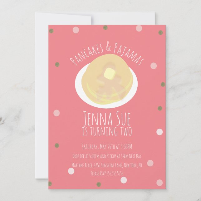 Invitation Pyjama Party Filles Confettis Rose (Devant)