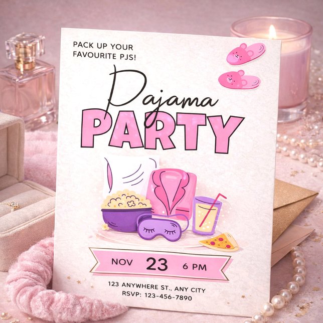 Invitation Pyjama Party Rose Mignonne pour Filles Soirée Pyja (Cute Pink Sleepover for Girls Pajama Party Invitation, Slumber Party Invite)