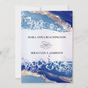 Invitation *~* QR Agate Blue Gold RSVP AR2 Mariage en marbre