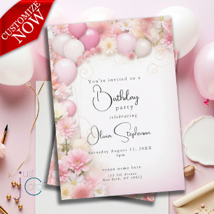 Invitation QR Anniversaire Ballons Roses et Marguerites