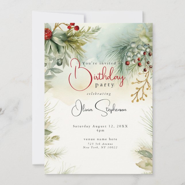 Invitation QR Anniversaire d'hiver Aquarelle Botanique (Devant)