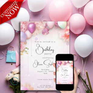 Invitation QR Anniversaire Rose et Ballons Floraux Lilas