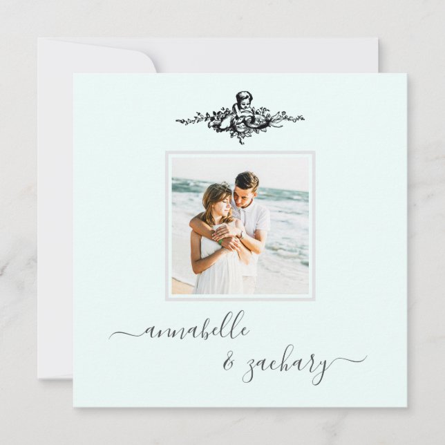 Invitation *~* QR Aqua Cherub Rings PHOTO AR6 RSVP Mariage (Devant)