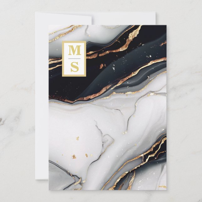 Invitation *~ QR BLACK BLACK Marbre Agate AR66 Mariage RSVP (Devant)