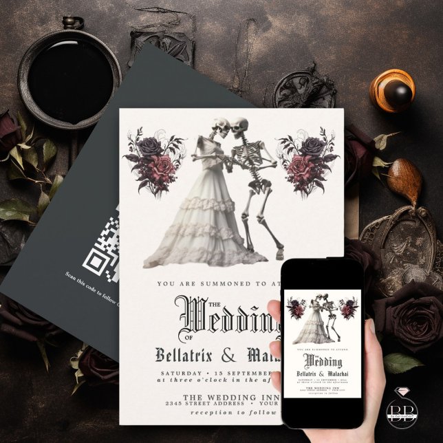 Invitation QR Bouquet de bois de rose gothique Skeleton Coupl (Créateur téléchargé)