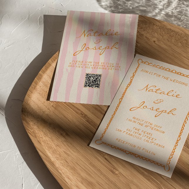 Invitation QR Code à la main Pinstripes écrits Mariage blanc (Créateur téléchargé)
