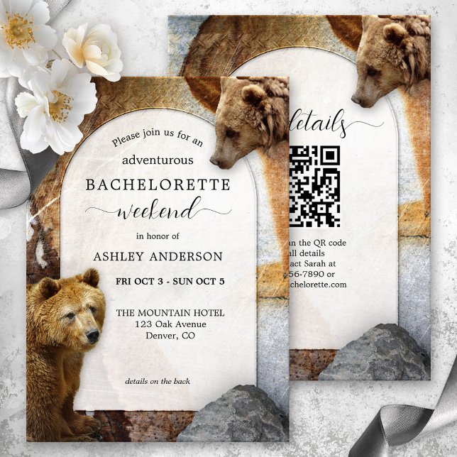 Invitation QR Code Bear Mountain Bachelorette Week-end (Bachelorette weekend invitation featuring two bears on an industrial design background with granite )