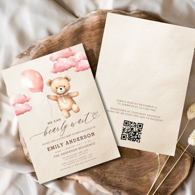 Invitation QR Code Bearly Wait Baby shower fille rose (Créateur téléchargé)