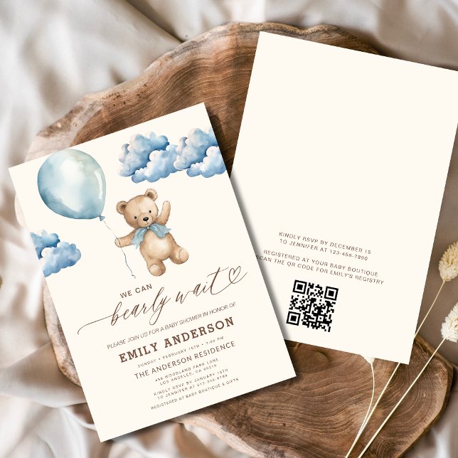 Invitation QR Code Bearly Wait Blue Boy Baby shower (Créateur téléchargé)