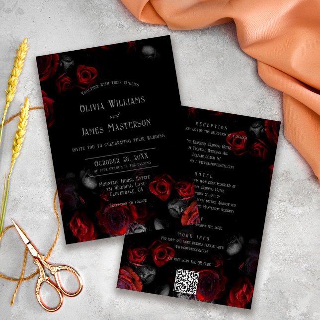 Invitation QR Code Black and Red Floral All in One Wedding (Créateur téléchargé)