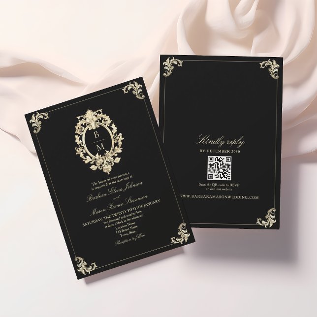 Invitation QR Code Black Gold Baroque Monogramme Mariage (Créateur téléchargé)