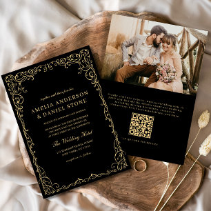 Invitation QR Code Black Gold Photo Minimaliste Mariage