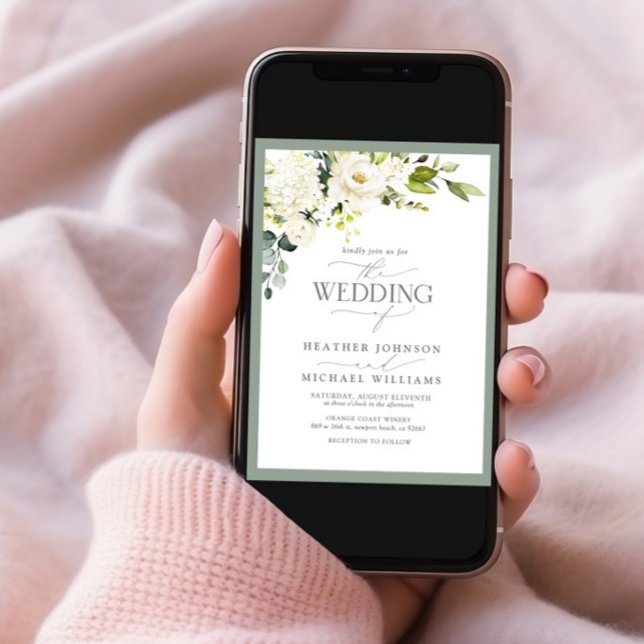 Invitation QR Code blanc gris vert vert Mariage d'aquarelle (Créateur téléchargé)