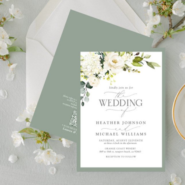 Invitation QR Code blanc gris vert vert Mariage d'aquarelle (Créateur téléchargé)
