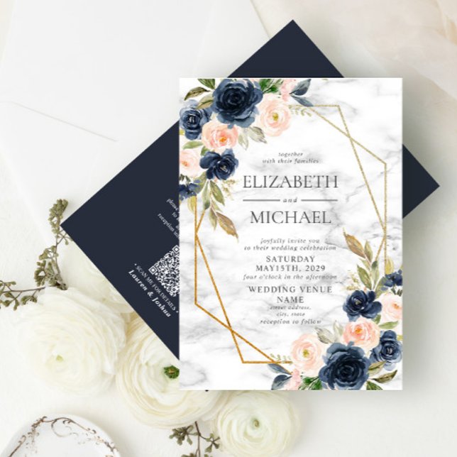 Invitation QR Code Bleu Bleu Marbre Mariage géométrique Flora (Créateur téléchargé)