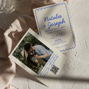 Invitation QR Code Bleu Retro amusant Whimsical Photo Mariage