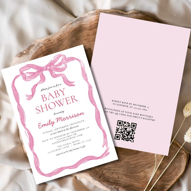 Invitation QR Code Blush Pink Ribbon Bow Girl Baby shower (Créateur téléchargé)