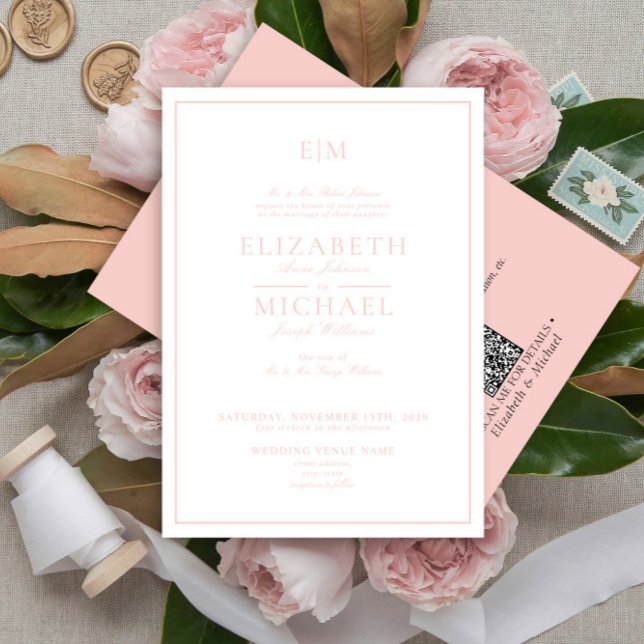 Invitation QR Code Blush rose classique Mariage Monogramme (Créateur téléchargé)