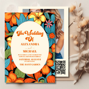 Invitation QR Code Boho Seventies Retro Floral Mariage