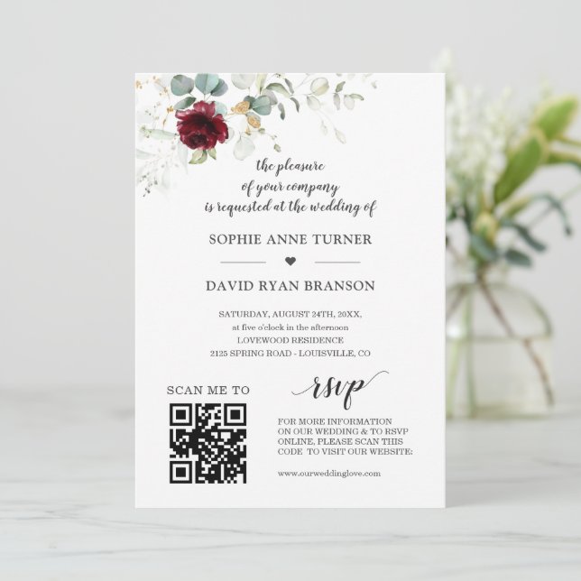 Invitation QR Code Bourgogne Floral Greenery Mariage or (Debout devant)