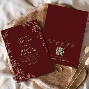 Invitation QR Code Bourgogne & Gold Minimal Mariage feuille