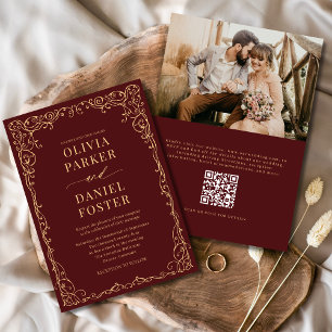 Invitation QR Code Bourgogne Gold Photo Minimaliste Mariage