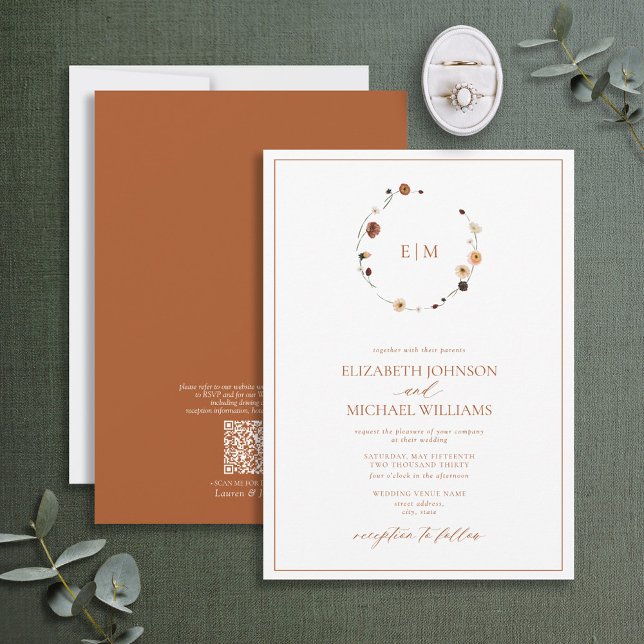 Invitation QR Code Bural Rust Floral Wreath Monogramme Mariag (Créateur téléchargé)
