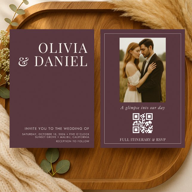 Invitation QR Code Burgundy Minimalist Photo Wedding (Créateur téléchargé)