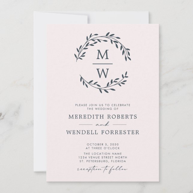 Invitation QR Code Charcoal Blush Monogram Wreath Mariage (Devant)