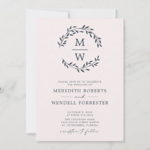 Invitation QR Code Charcoal Blush Monogram Wreath Mariage
