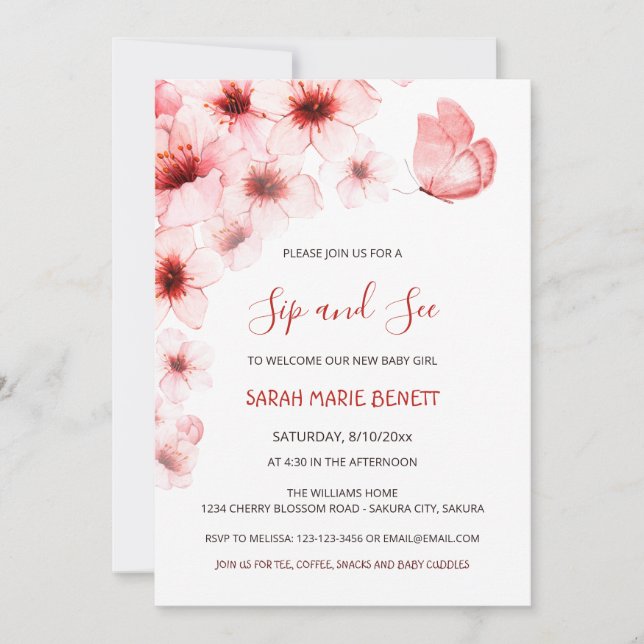 Invitation QR Code Cherry Blossoms Baby shower d'aquarelle (Devant)