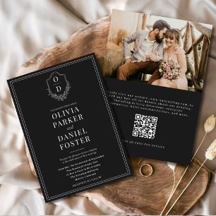 Invitation QR Code Classic Crest Black & White Photo Mariage