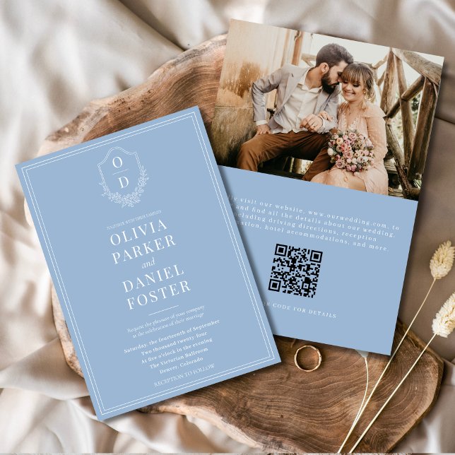 Invitation QR Code Classic Crest Dusty Blue Photo Mariage (Créateur téléchargé)
