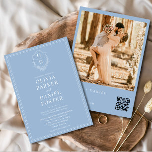 Invitation QR Code Classic Crest Dusty Blue Photo Mariage