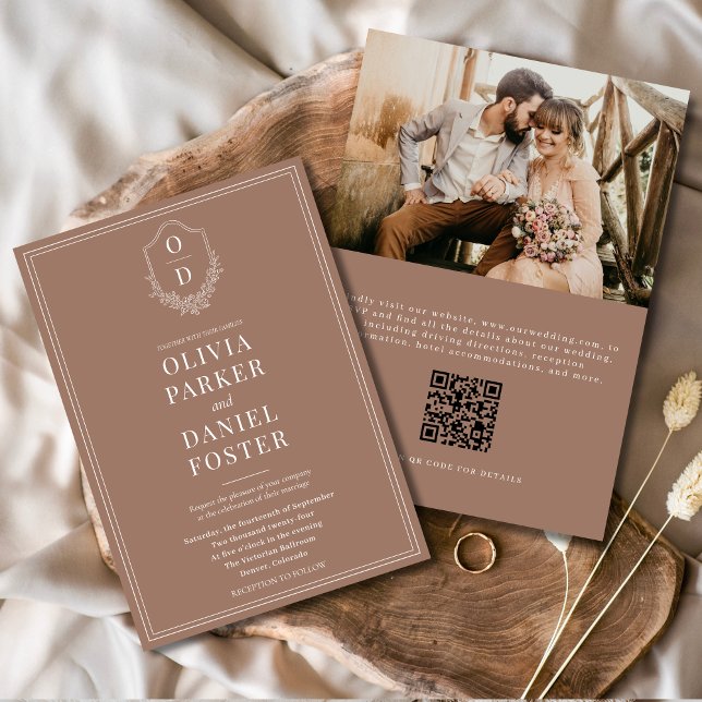 Invitation QR Code Classic Crest Mocha Brown Mariage photo (Créateur téléchargé)
