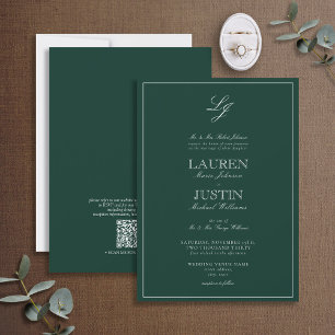 Invitation QR Code Classic Emerald Green Monogram Mariage