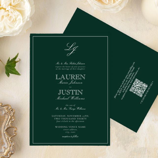 Invitation QR Code Classic Emerald Green Monogram Mariage (Créateur téléchargé)