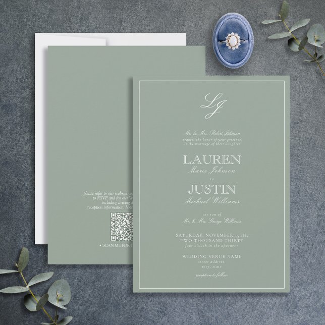 Invitation QR Code Classic Sage Green Script Monogramme Maria (Créateur téléchargé)